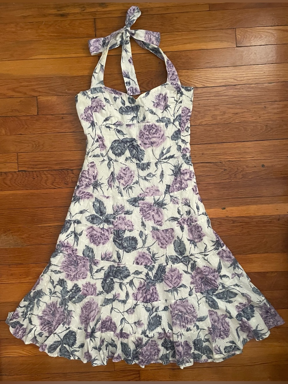Anthropologie y2k white&purple floral eyelet halter sweetheart tiered midi sz 2